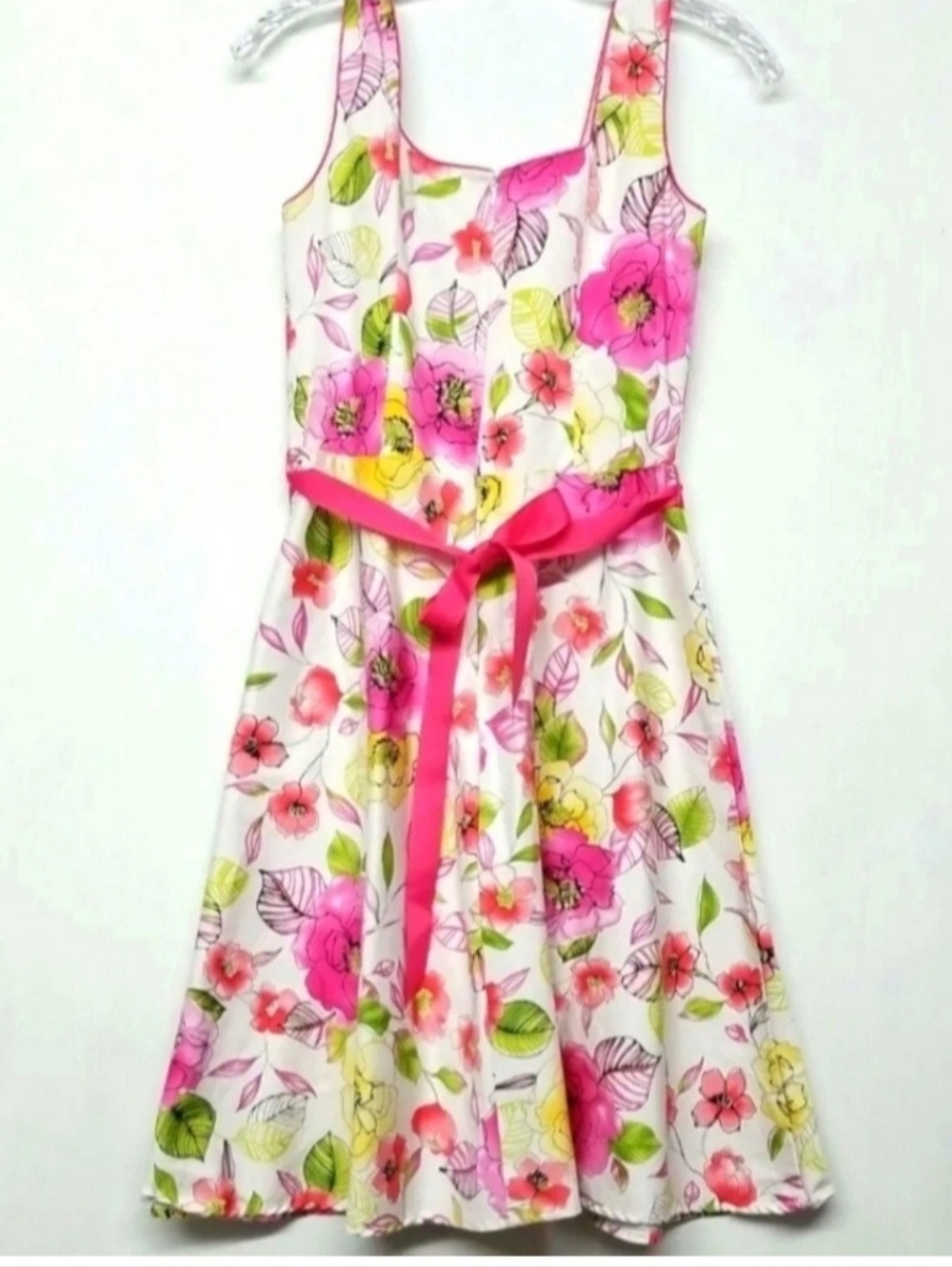 Sun Dress "Scarlett" Floral  Pink Ribbon, Back Zip, Sleeveless, Women's Size 5/6